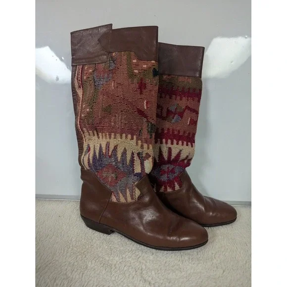 Vintage Kilim Leather Boots Handmade Moroccan Tapestry‎ Size 8/8.5 EU 38/39 Turk